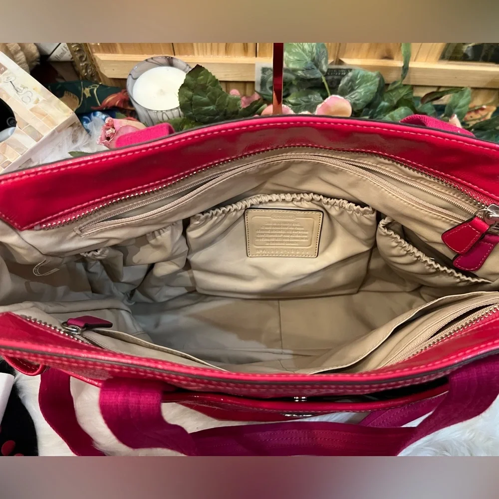 Coach Magenta Pink Stitched Patent Leather Crossbody Tote Bag